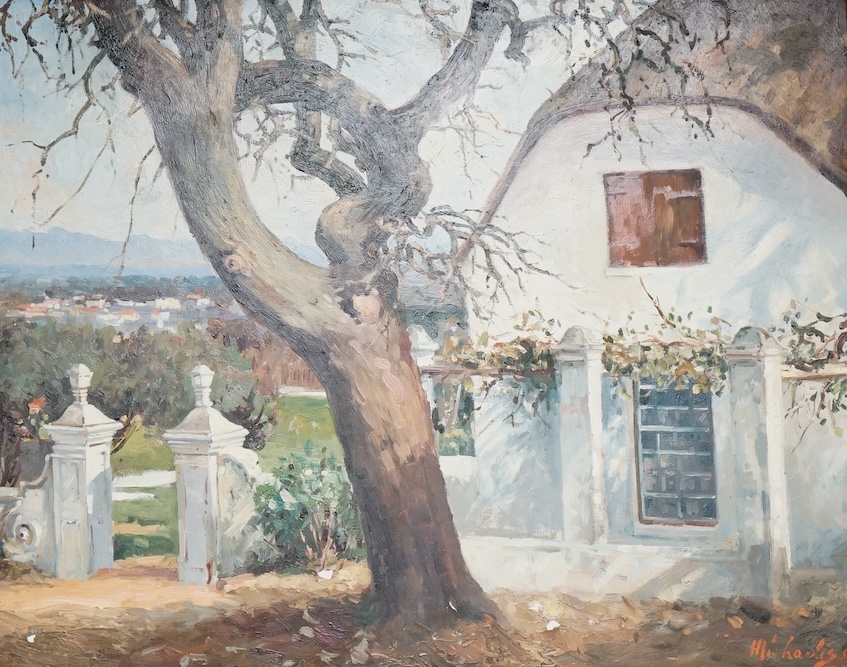 Mid century School, oil on board, Continental landscape with tree and villa, indistinctly signed and dated 1954, 44 x 55cm, ornate frame